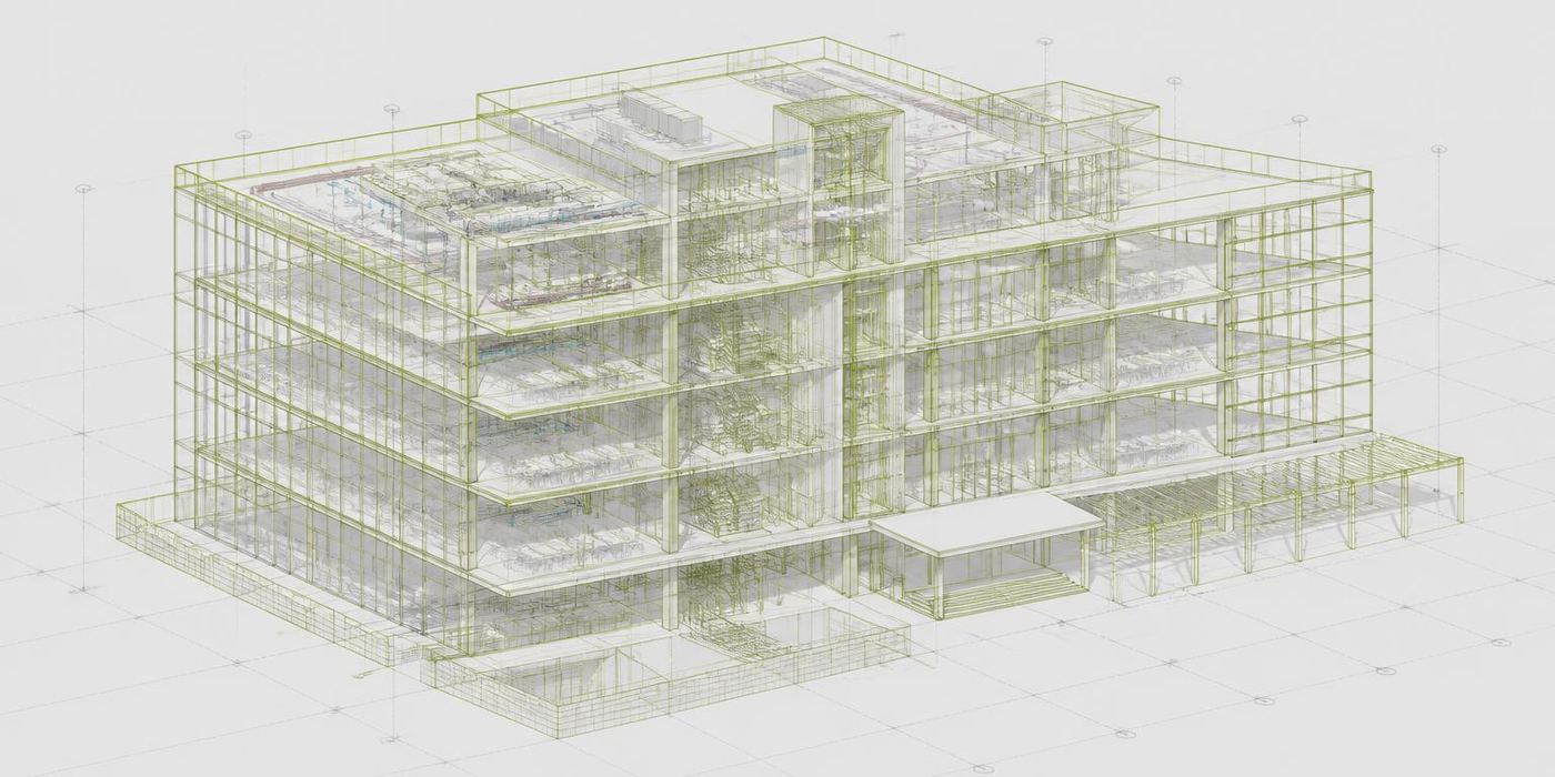 Maquette numérique IFC 3D d'un bâtiment de bureaux en filaire, illustrant les données contenues dans un fichier IFC
